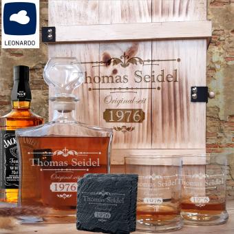 Personalisiertes Whisky Set mit Jack Daniels in 3er Holzbox mit Leonardo Gläsern mit Schieferuntersetzer