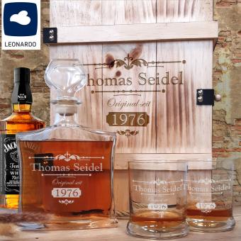 Personalisiertes Whisky Set mit Jack Daniels in 3er Holzbox mit Leonardo Gläsern ohne Schieferuntersetzer