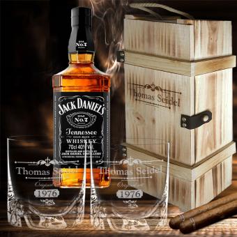 Whisky Geschenkset mit 2 Gläsern und Flasche in Holzkiste 