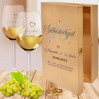 Geschenk Silberhochzeit Weißweingläser in bedruckter Holzkiste 