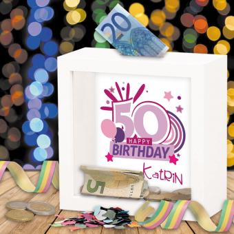Individuelle Bilderrahmen Spardose zum 50. Geburtstag bedruckt 