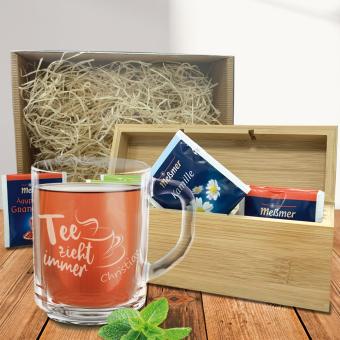Geschenkset "Tee zieht immer" mit Glastasse und Box individuell graviert 