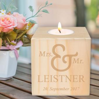 Teelichthalter "Mr. & Mrs." mit Namen und Hochzeitsdatum graviert 