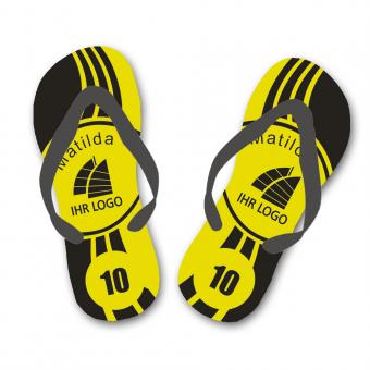 Flip Flops für den Verein mit Namen, Zahl  und Logo, gelb 