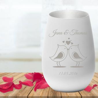 Personalisiertes Windlicht zur Hochzeit mit Namen und Datum graviert Weiß-Silber