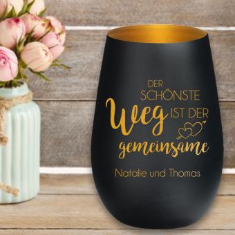 Windlicht mit "Der schönste Weg ist der gemeinsame" graviert als Geschenkidee zur Hochzeit Schwarz-Gold