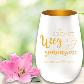 Windlicht mit "Der schönste Weg ist der gemeinsame" graviert als Geschenkidee zur Hochzeit Weiß-Gold