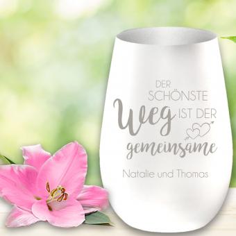 Windlicht mit "Der schönste Weg ist der gemeinsame" graviert als Geschenkidee zur Hochzeit Weiß-Silber