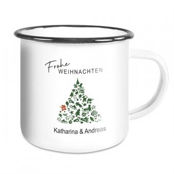 Emailletasse Weihnachten mit Tannenbaum und Namen 