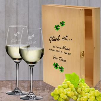 Persönliches Weißwein Geschenkset "Glück ist" in Holzkiste bedruckt mit Weißwein