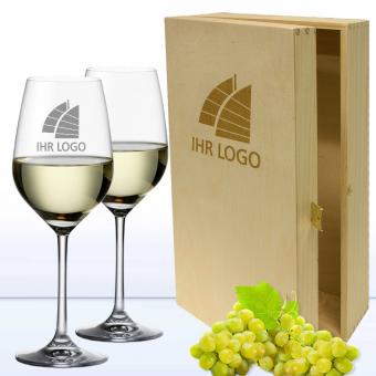 Weingläser (325 ml) mit eigenem Logo in Holzkiste als Set Gravur auf Kiste und Gläser