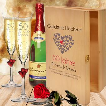 Goldene Hochzeit Sekt Geschenk personalisierte Sektgläser in Holzbox 