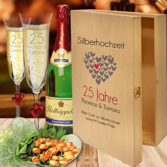 Geschenk Silberhochzeit Sektgläser in bedruckter Holzbox 