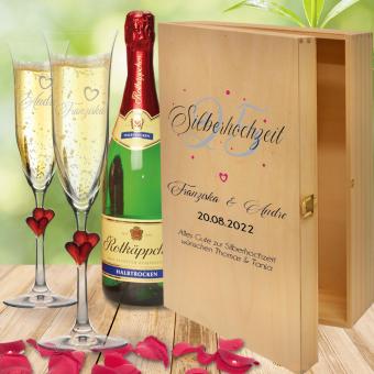 Personalisiertes Geschenk zur Silberhochzeit Sektgläser in Holzkiste 