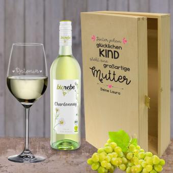Wein Geschenkset mit bedruckter Kiste für deine Mama mit Spruch und Name Biorebe Chardonnay