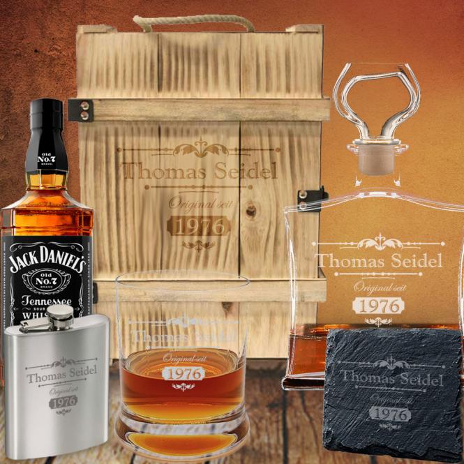 Holzkiste mit Jack Daniels 6-tlg Whisky Geschenk Set inkl Gravur 