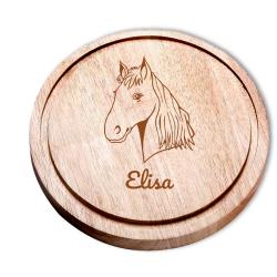 Rundes Schneidebrett Holz für Kinder mit Pferdemotiv und Namen 