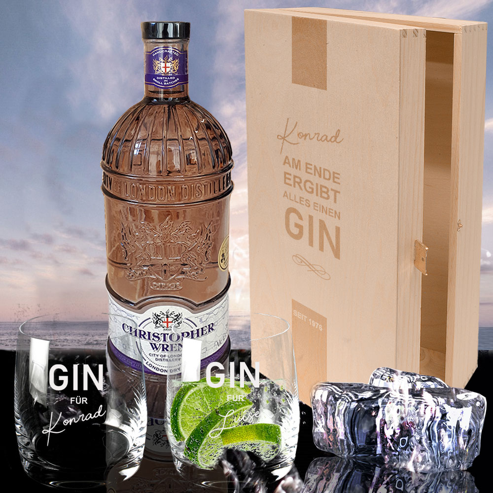 Individuelles Gin Set mit 2 Gläsern in Holzbox