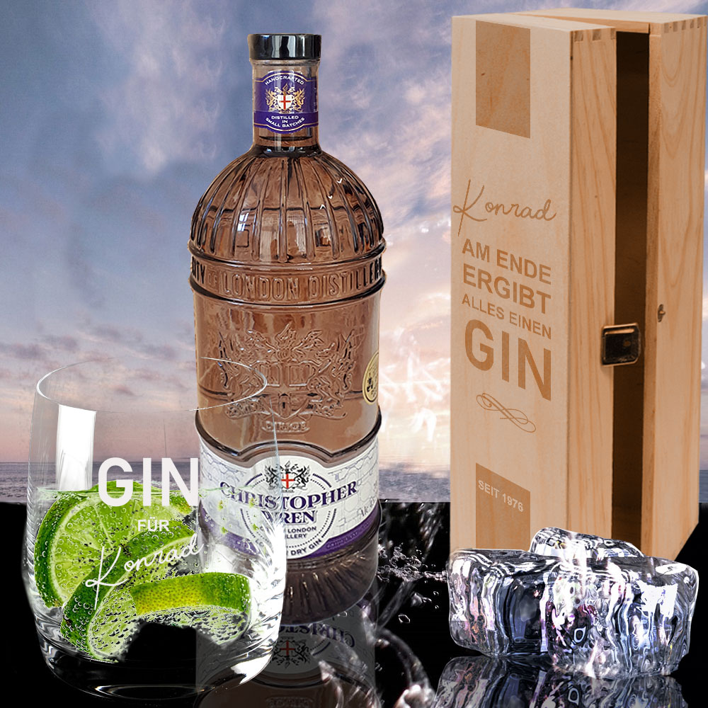 Gin Geschenk Set personalisiert mit Glas und Holzkiste