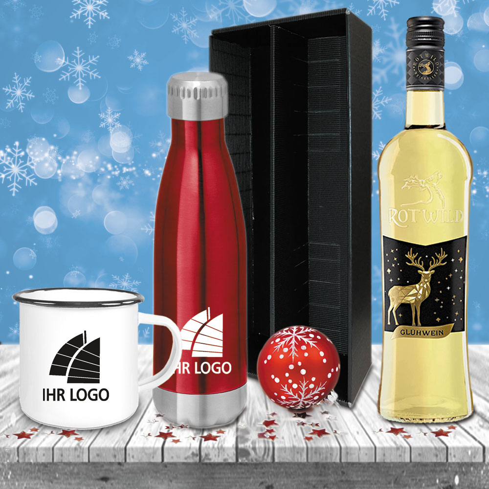 Glühwein-Geschenk-Set mit eigenem Logo - Weißwein Logo auf Becher