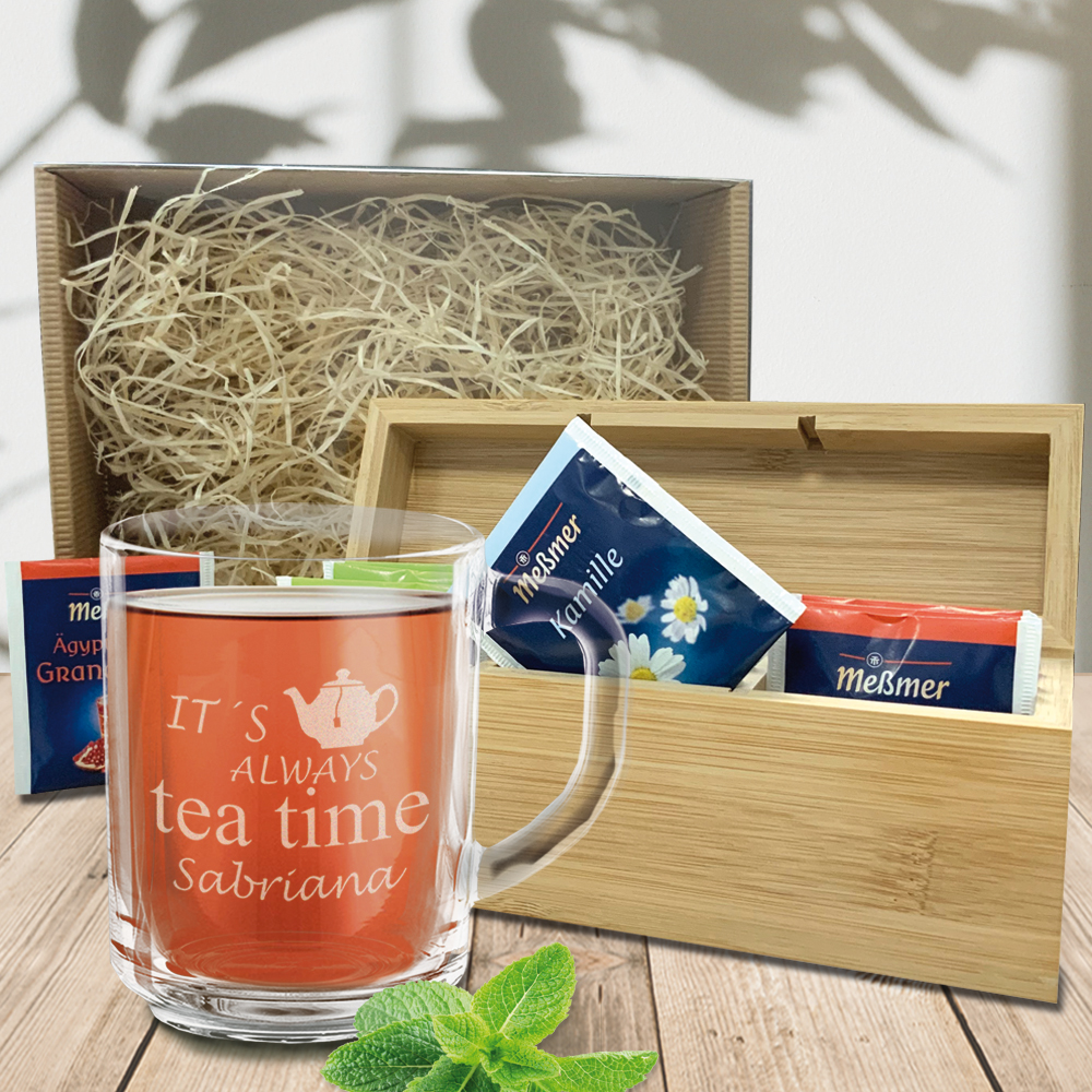 Tee Geschenkset personalisiert mit gravierter Leonardo Tasse und Box