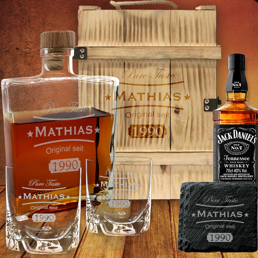 Personalisiertes Whisky Set mit Jack Daniel´s in geflammter Holzbox