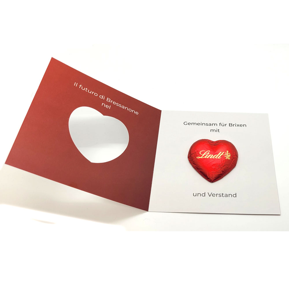 Gruß-Karte Klappkarte mit Lindt Schoko-Herz  individuell mit Logo bedrucken 