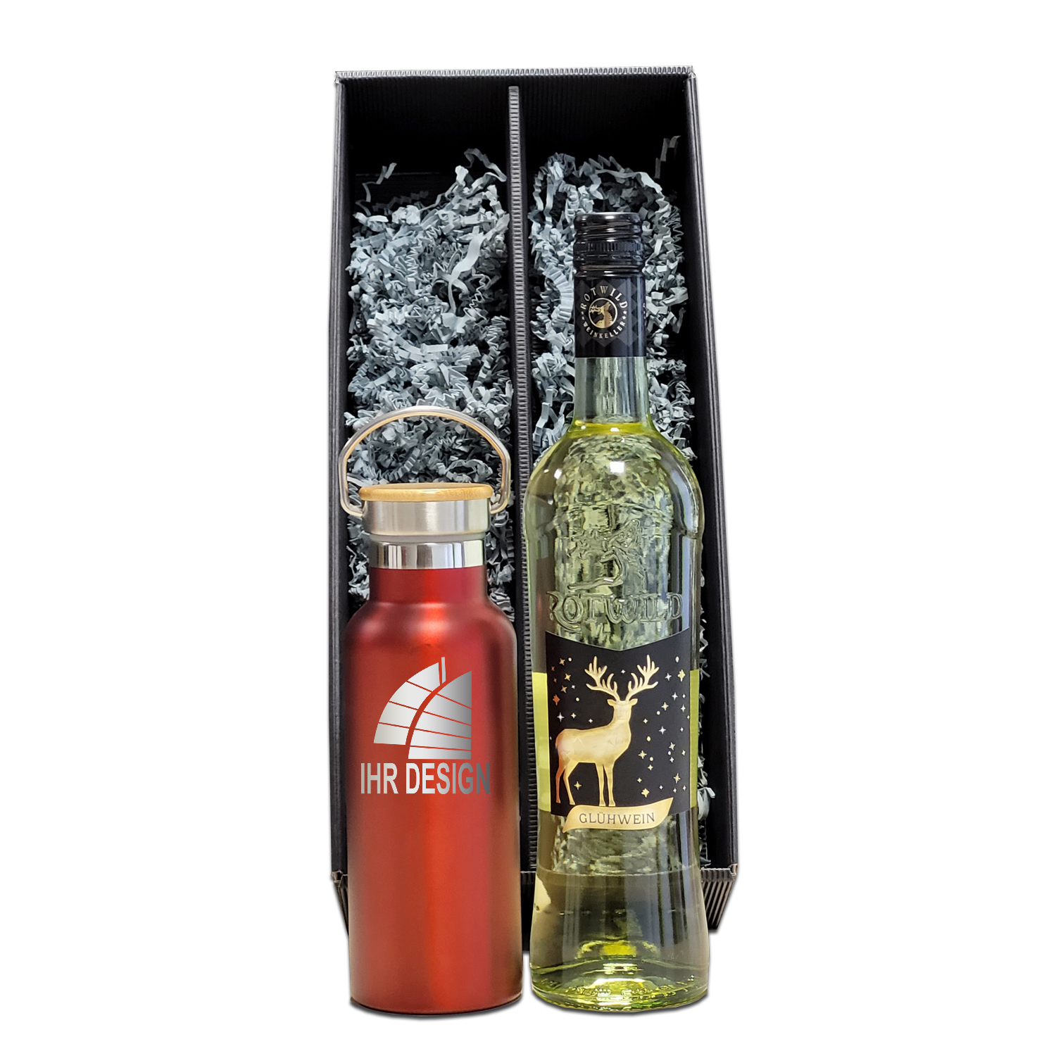 Exklusives Glühwein-Geschenk-Set mit Isoflasche ROT und Logo 