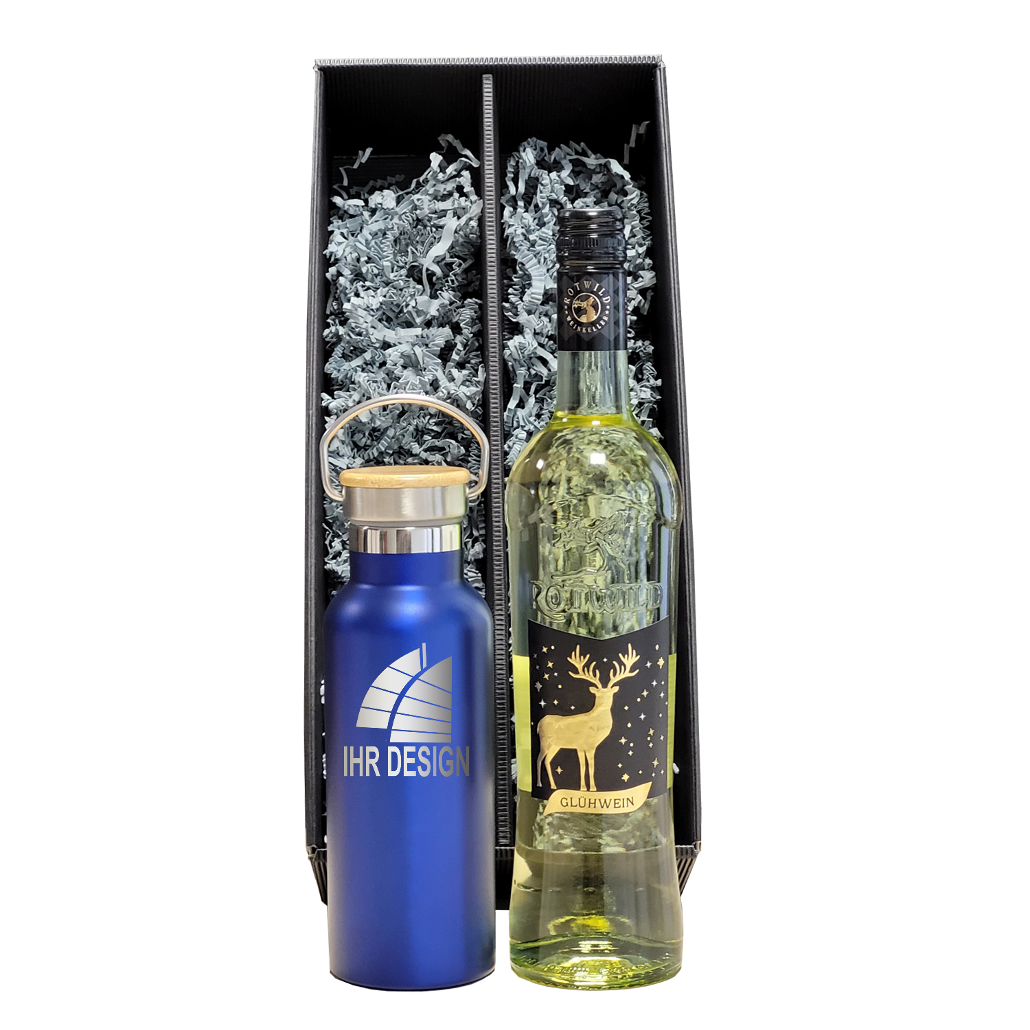 Exklusives Glühwein-Geschenk-Set mit Isoflasche BLAU und Logo 