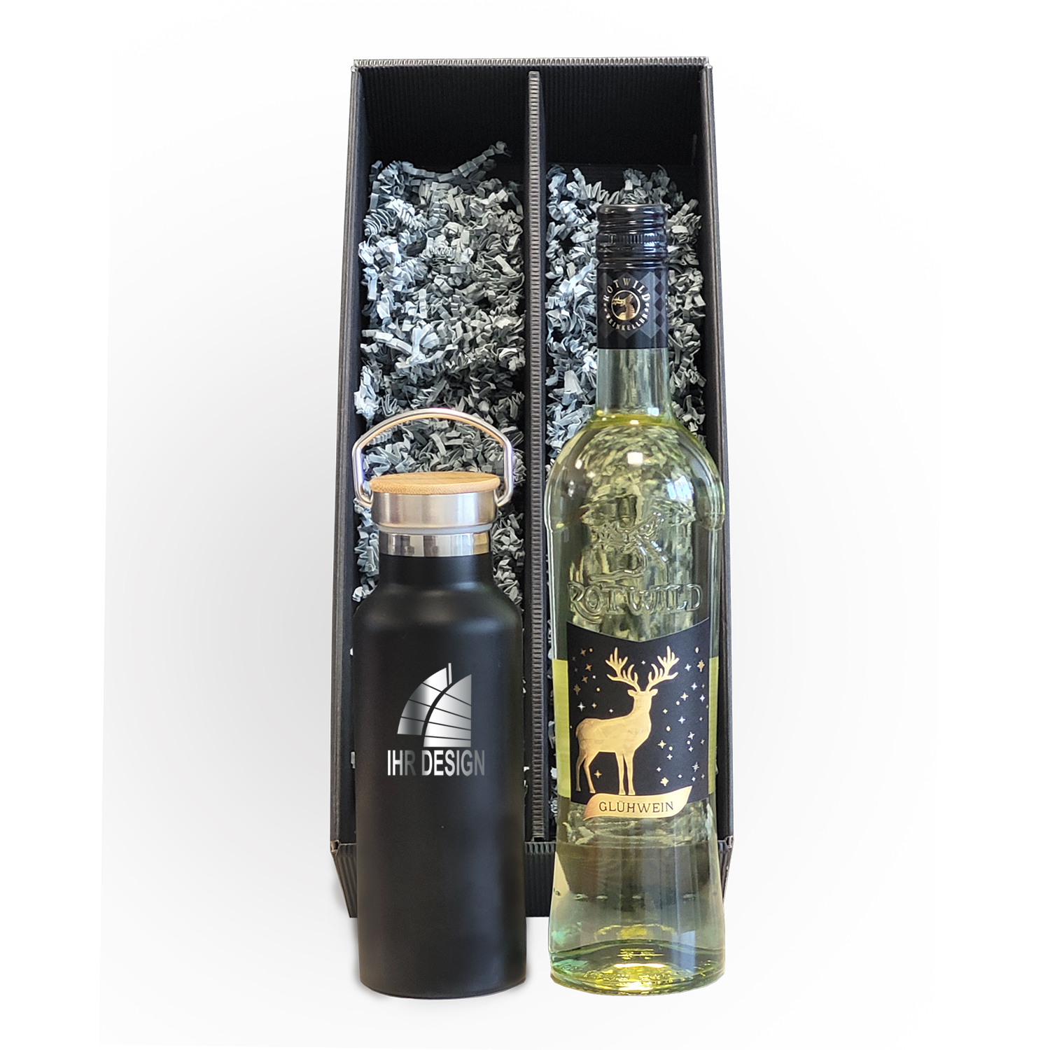 Exklusives Glühwein-Geschenk-Set mit Isoflasche SCHWARZ und Logo 