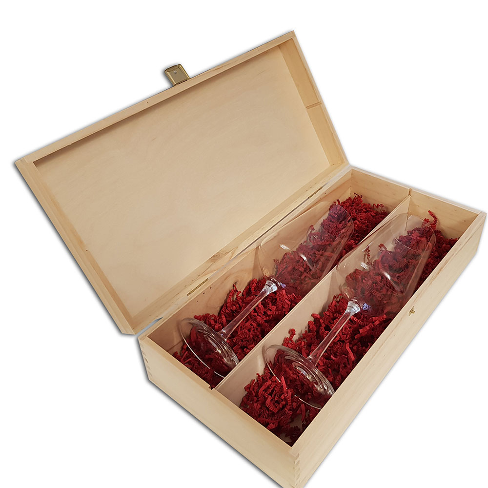 Weißweingläser in bedruckter Holzkiste "Ein Leben lang" 