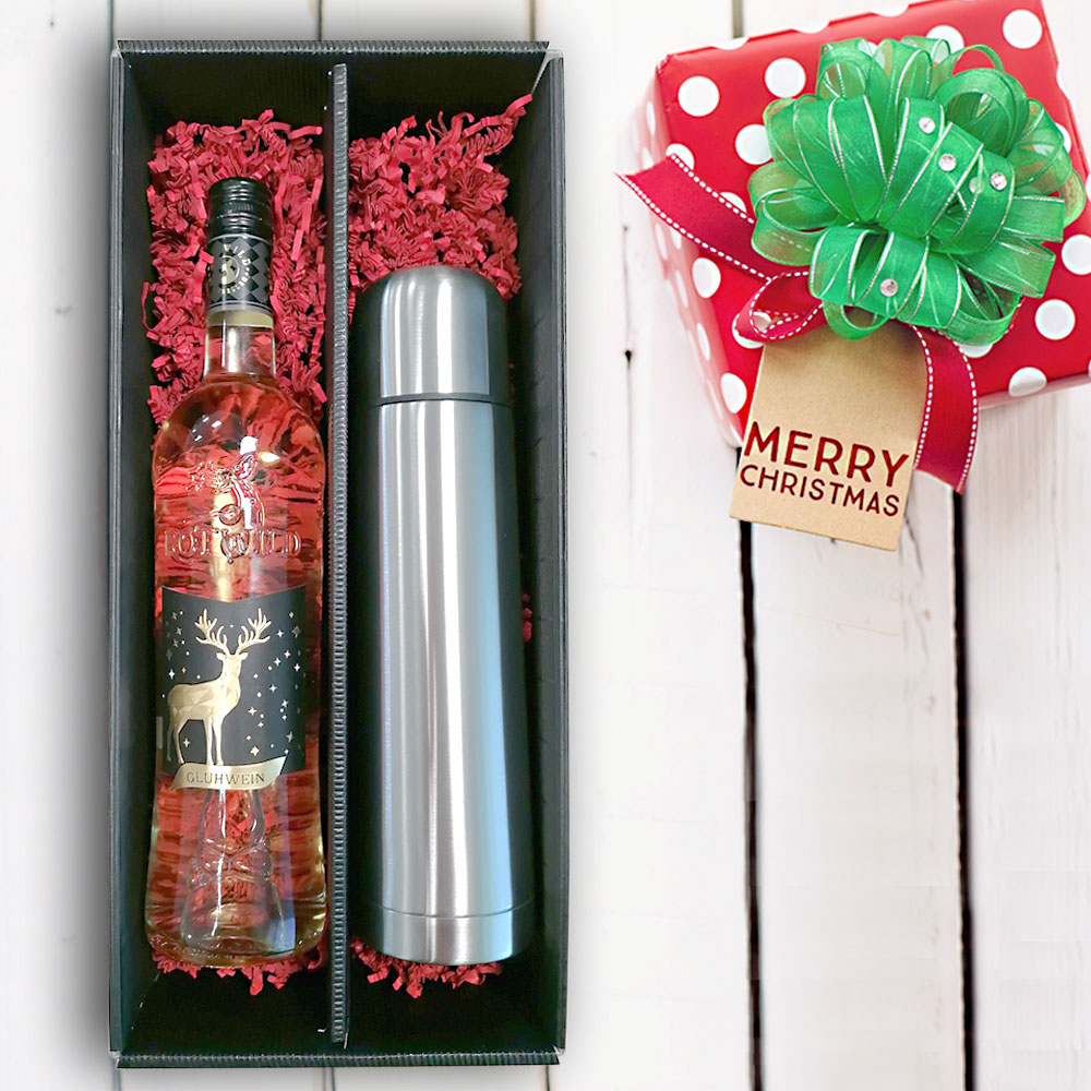 Gravierte Isolierflasche im Glühwein-Geschenk-Set mit weißem Glühwein
