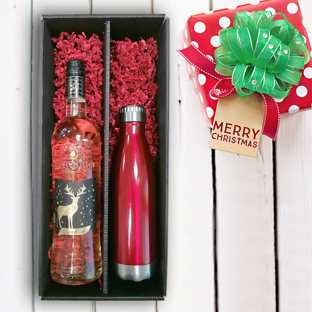 Praktisches Glühwein-Geschenk-Set mit gravierter Isolierflasche mit weißem Glühwein