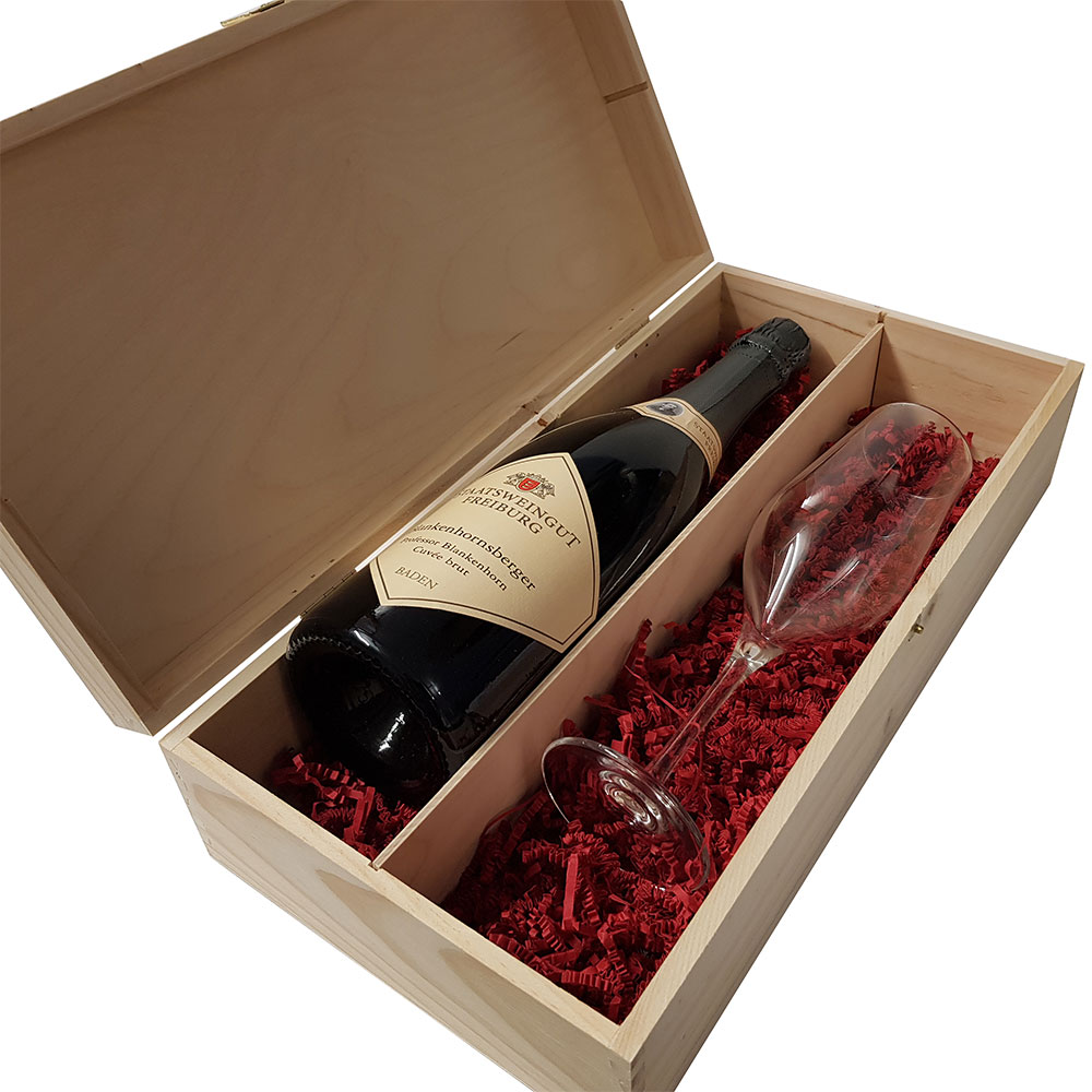 Sektglas graviert in edler 2er Holzkiste 