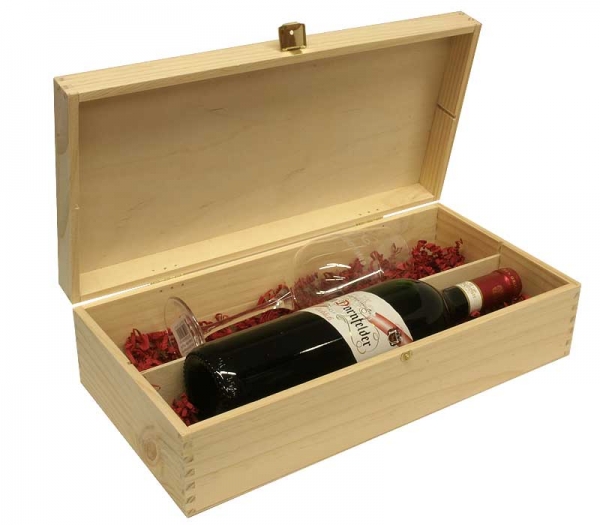 Rotweinglas mit Logo in Holzkiste als Geschenkset Gravur auf Kiste und Glas