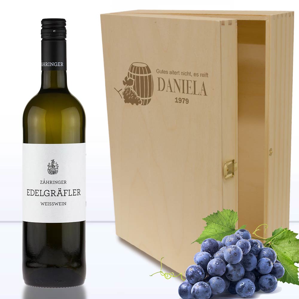 Holzbox für Wein-und Sekt- Geschenke mit Namen 3er 