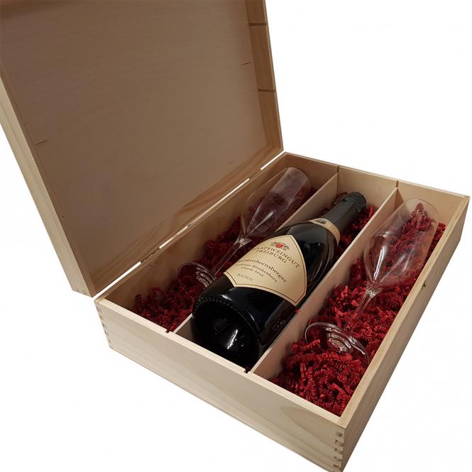 Sekt Geschenkset in 3er Holzkiste mit persönlicher Liebes Gravur 