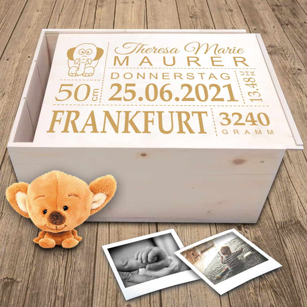 Individuelle Erinnerungsbox Baby aus Holz zur Geburt graviert 