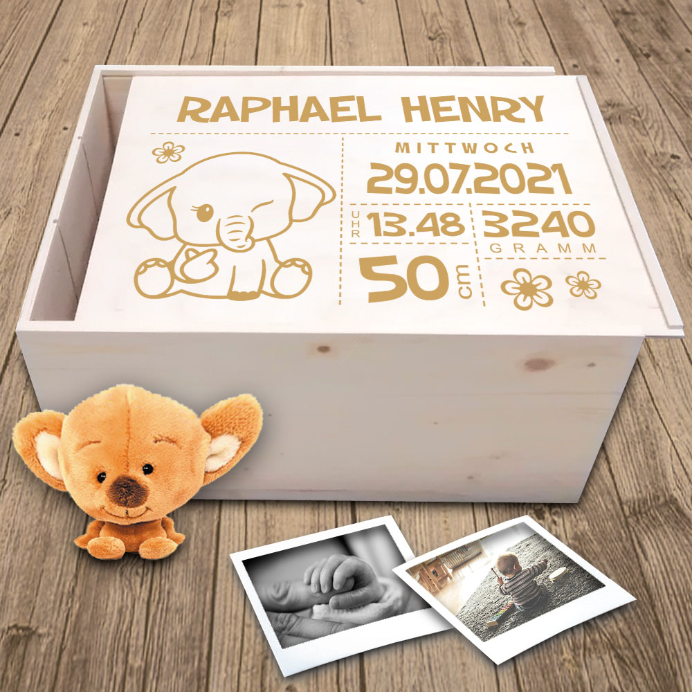 Erinnerungsbox Baby mit niedlichem Elefanten mit Ihren Daten personalisiert 