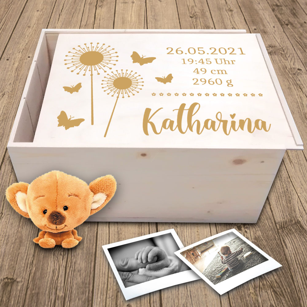 Erinnerungsbox "Pusteblume" für Babys - graviert mit Namen und Daten 