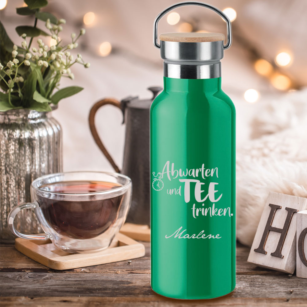 Isolierkanne mit Bambusdeckel 0,5 l mit persönlicher Gravur 