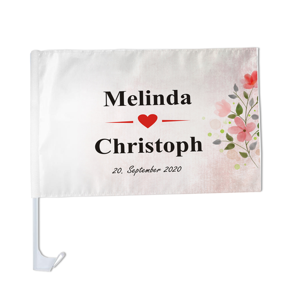 Hochzeitsfahne fürs Auto mit Wunschtext und Namen gestalten 