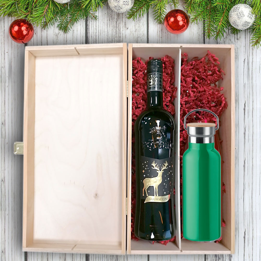 Edles Glühwein-Geschenk-Set mit gravierter Isolierflasche in Holzkiste 