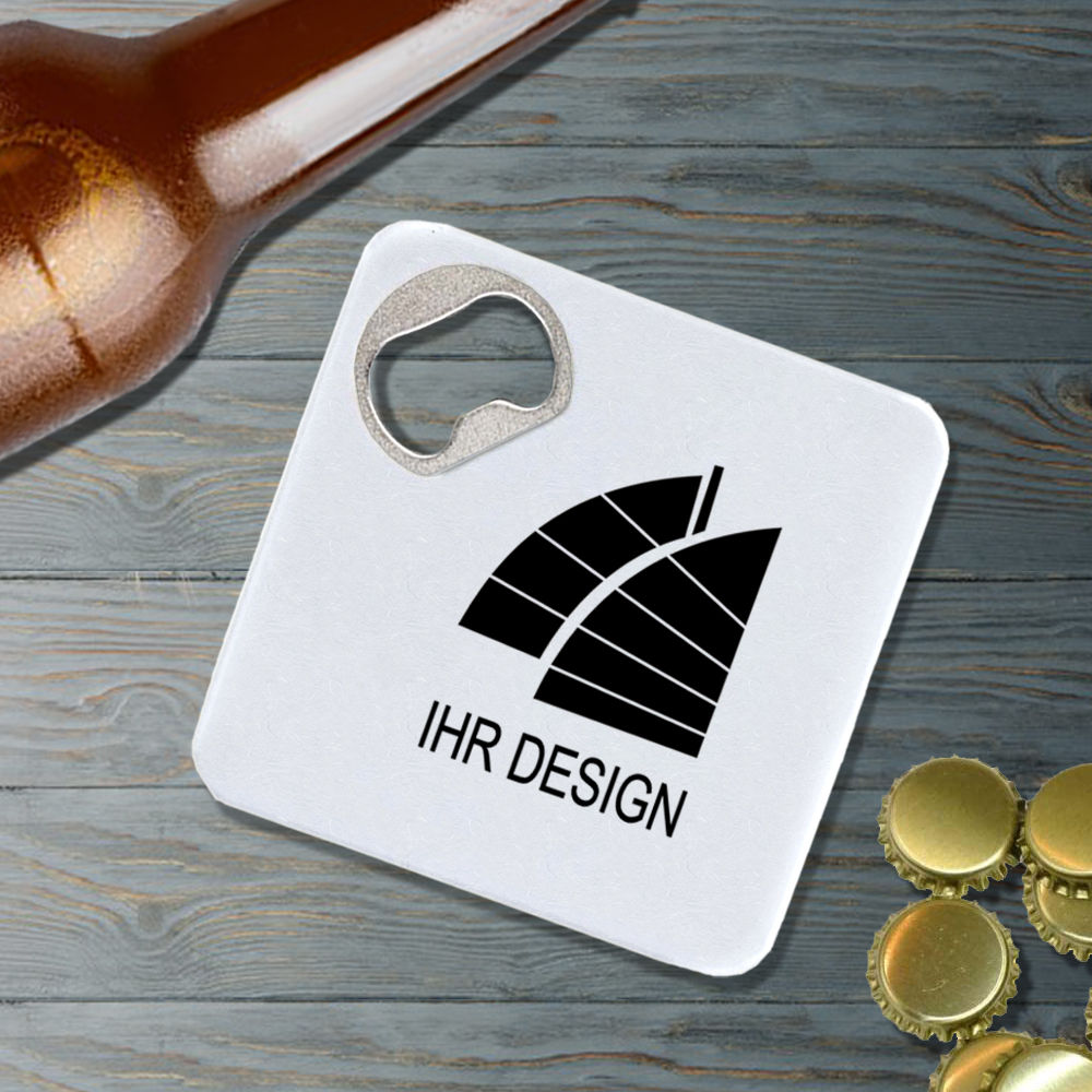 Flaschenöffner Untersetzer mit Logo / Design bedrucken weiß | Vollfarbdruck 4c