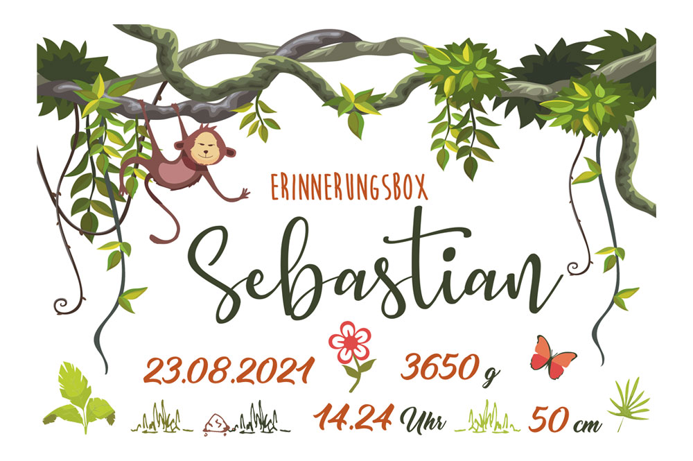 Individuell bedruckte Erinnerungsbox "Dschungel" für Kind & Baby 