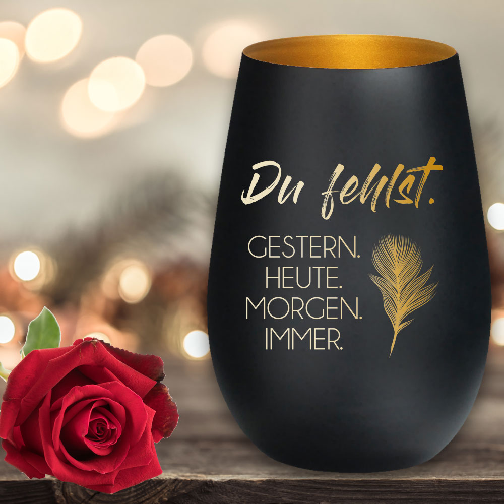 Personalisiertes Trauerlicht / Erinnerungslicht für einen geliebten Menschen Schwarz-Gold