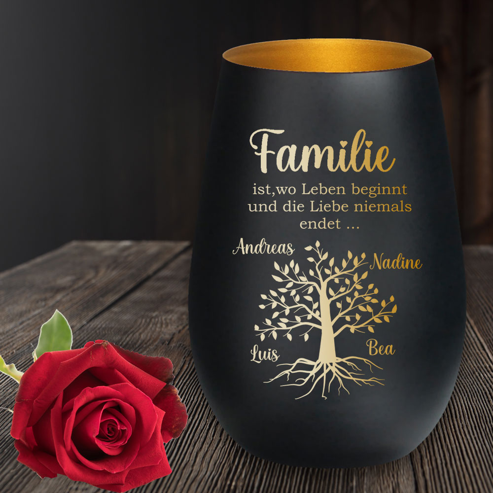 Windlicht Geschenk für die Familie mit Spruch und Namen graviert Schwarz-Gold