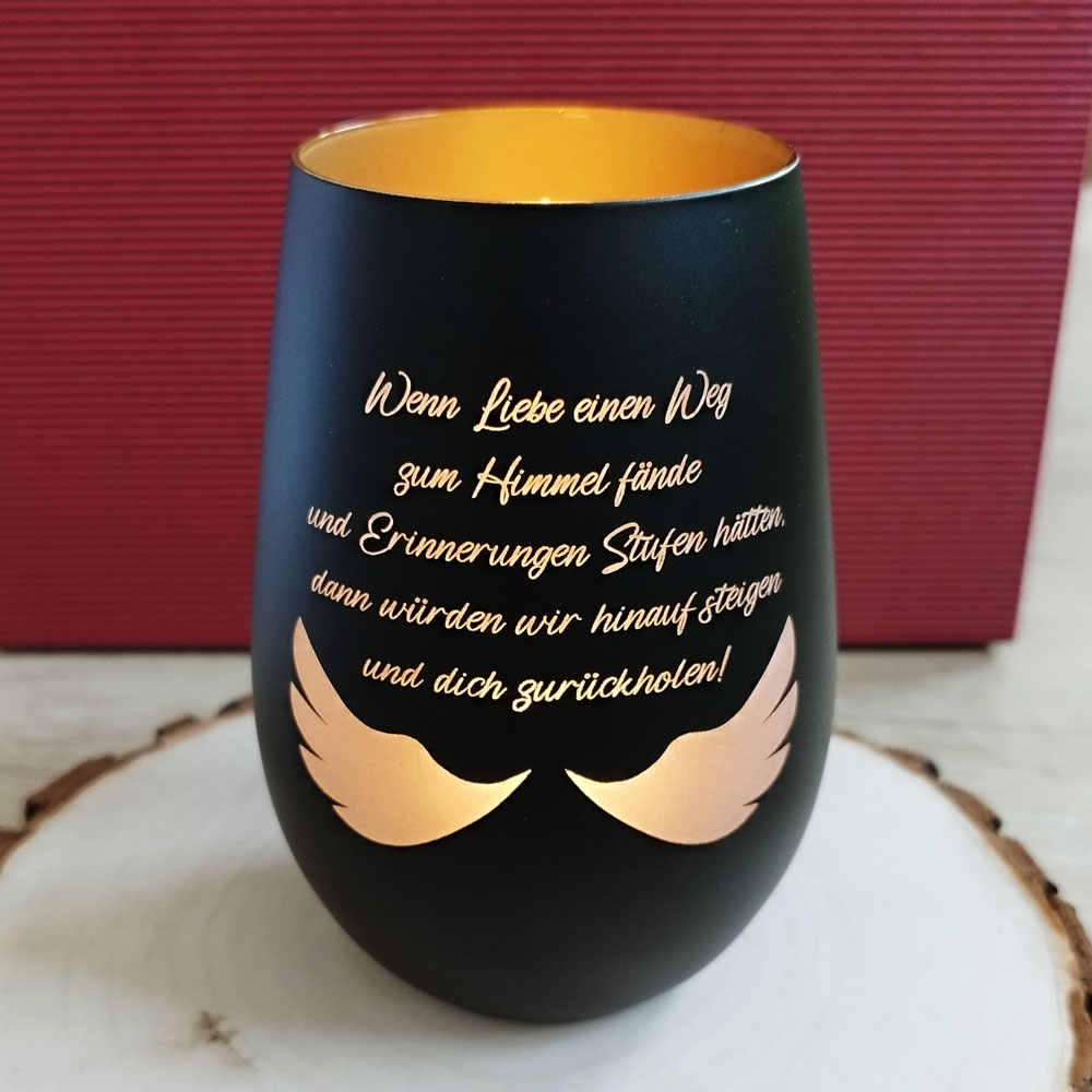 Trauerlicht / Windlicht mit Gravur als Erinnerung an geliebte Menschen / Sternenkinder Schwarz-Gold