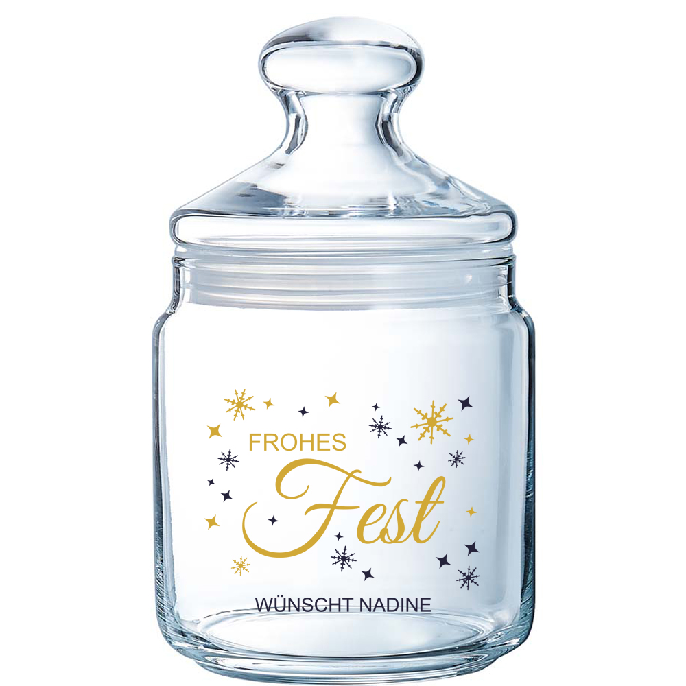 Bedrucktes Keksglas / Bonbonglas "Frohes Fest" personalisiert 