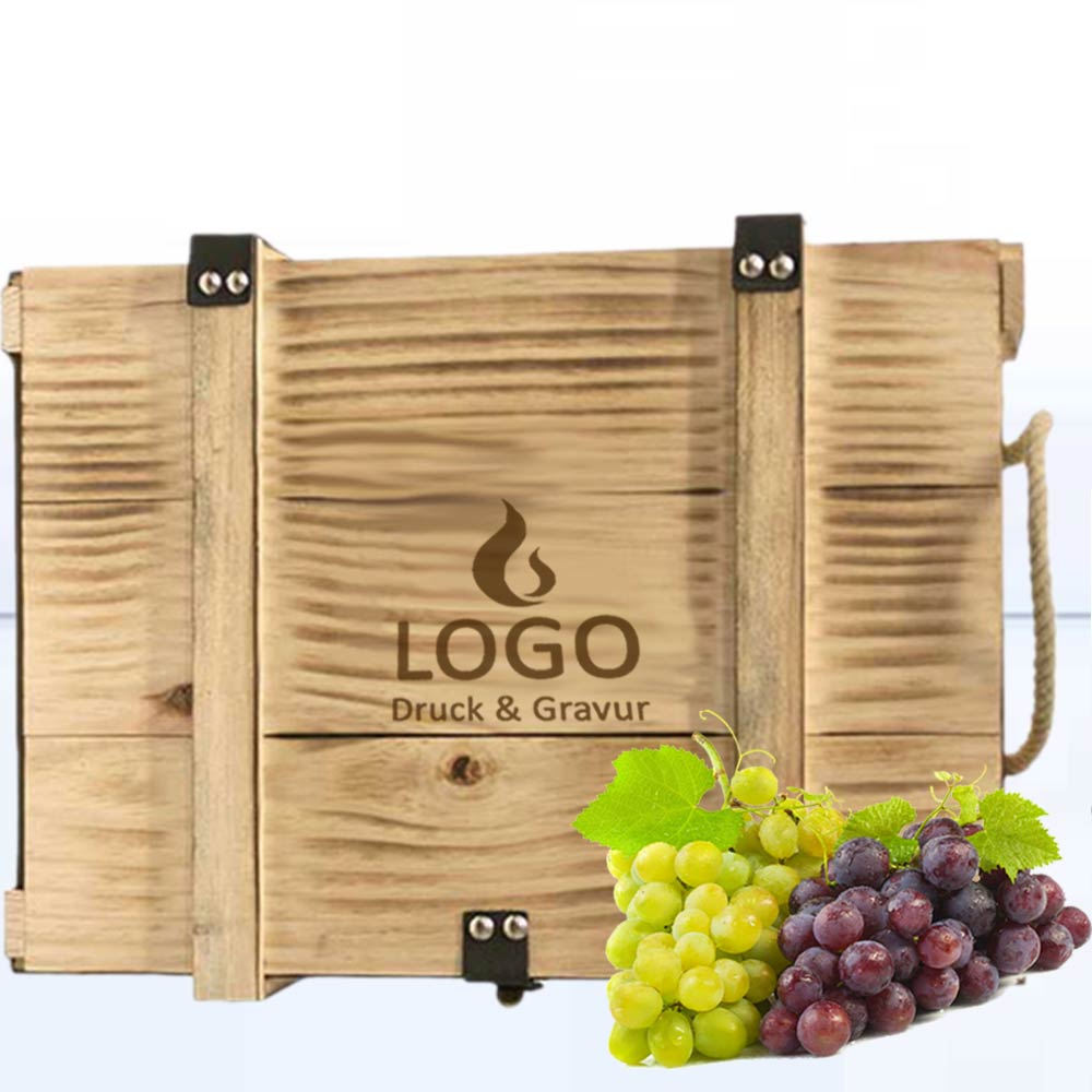 6er Holzkiste geflammt mit Logo 